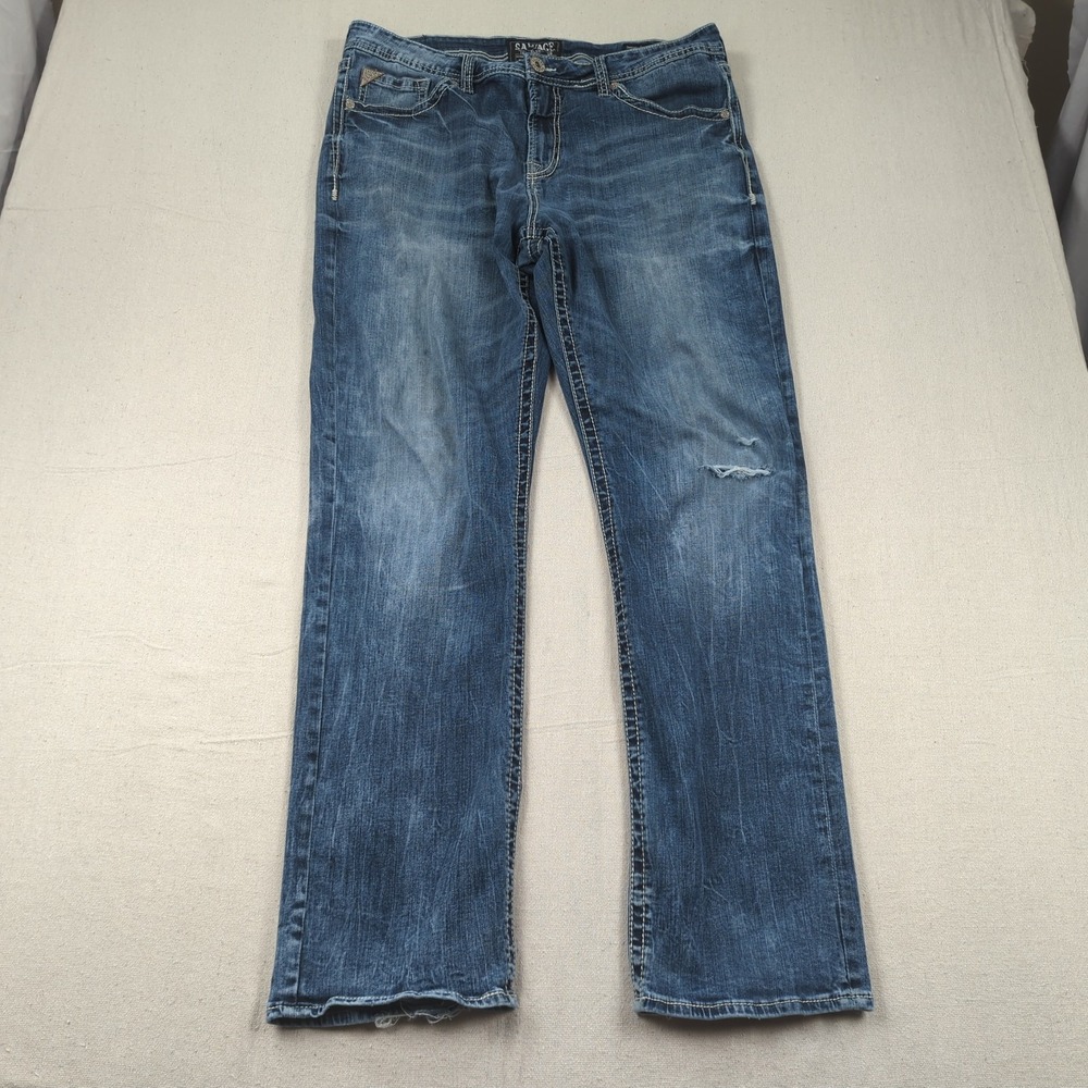 Salvage Jeans Mens 38x33 Blue Anarchy Straight Relaxed Fit Distressed Faded